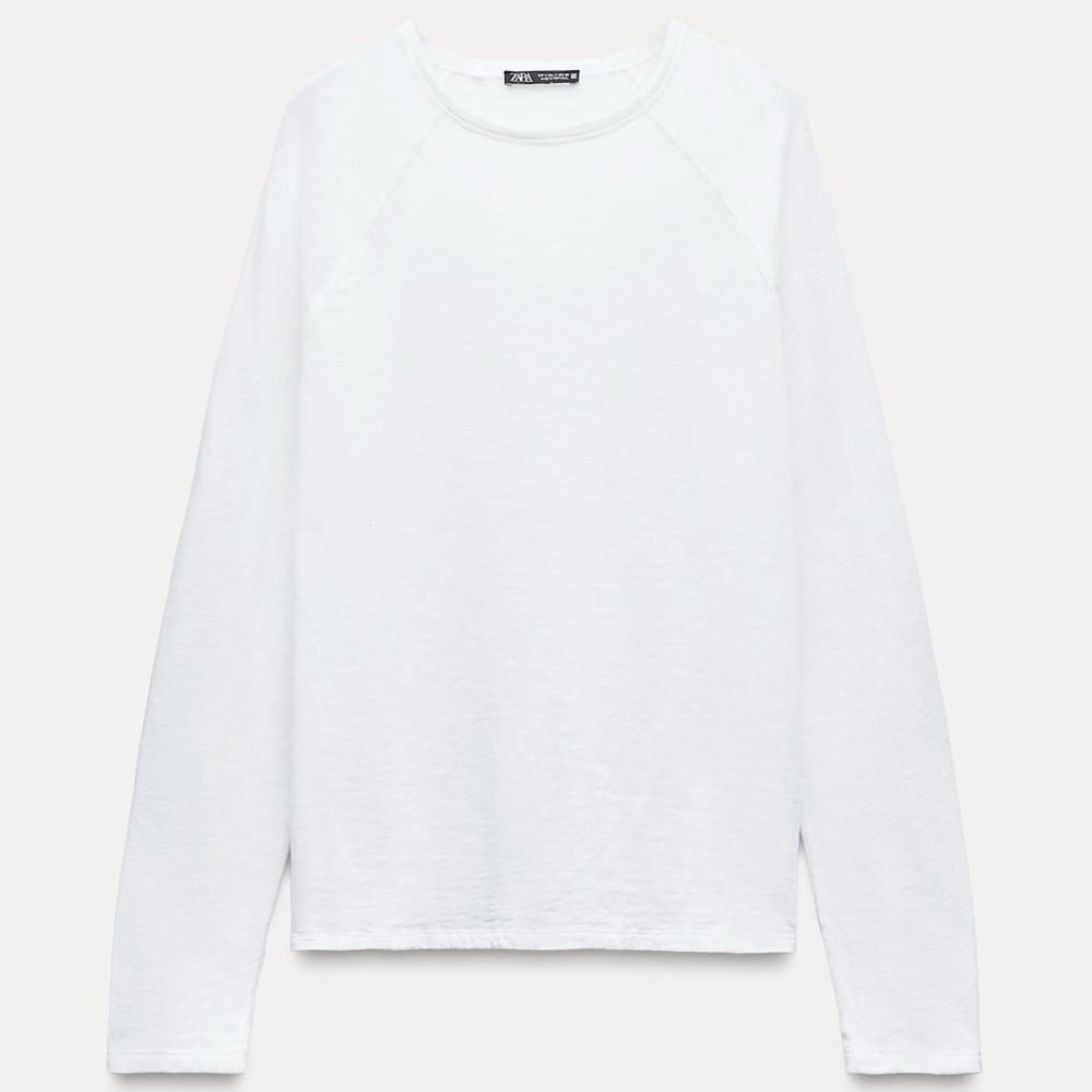 Zara Slub Cotton Long Sleeve T-Shirt in white.